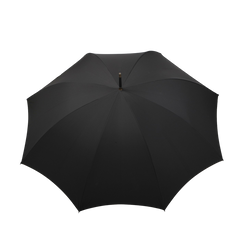 The Black Fox Head Handle Umbrella by Fox Umbrellas is open, displayed on a white background. This large black handmade umbrella features a wooden fox head handle and an eight-rib metal frame for enhanced durability and elegance.