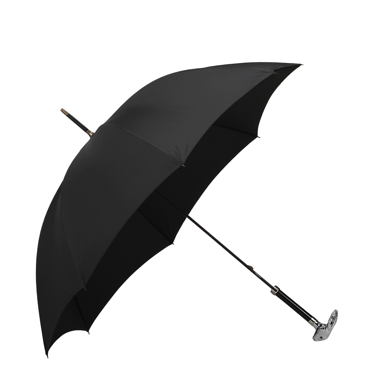 The Fox Umbrellas Black Rabbit Head Handle Umbrella features a sleek black canopy supported by an eight-rib metal frame and is distinguished by its silver rabbit head handle, all beautifully photographed against a white background.