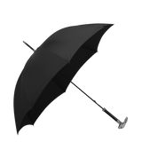 The Fox Umbrellas Black Rabbit Head Handle Umbrella features a sleek black canopy supported by an eight-rib metal frame and is distinguished by its silver rabbit head handle, all beautifully photographed against a white background.