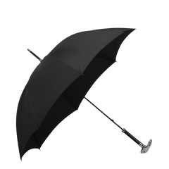 The Fox Umbrellas Black Rabbit Head Handle Umbrella features a sleek black canopy supported by an eight-rib metal frame and is distinguished by its silver rabbit head handle, all beautifully photographed against a white background.