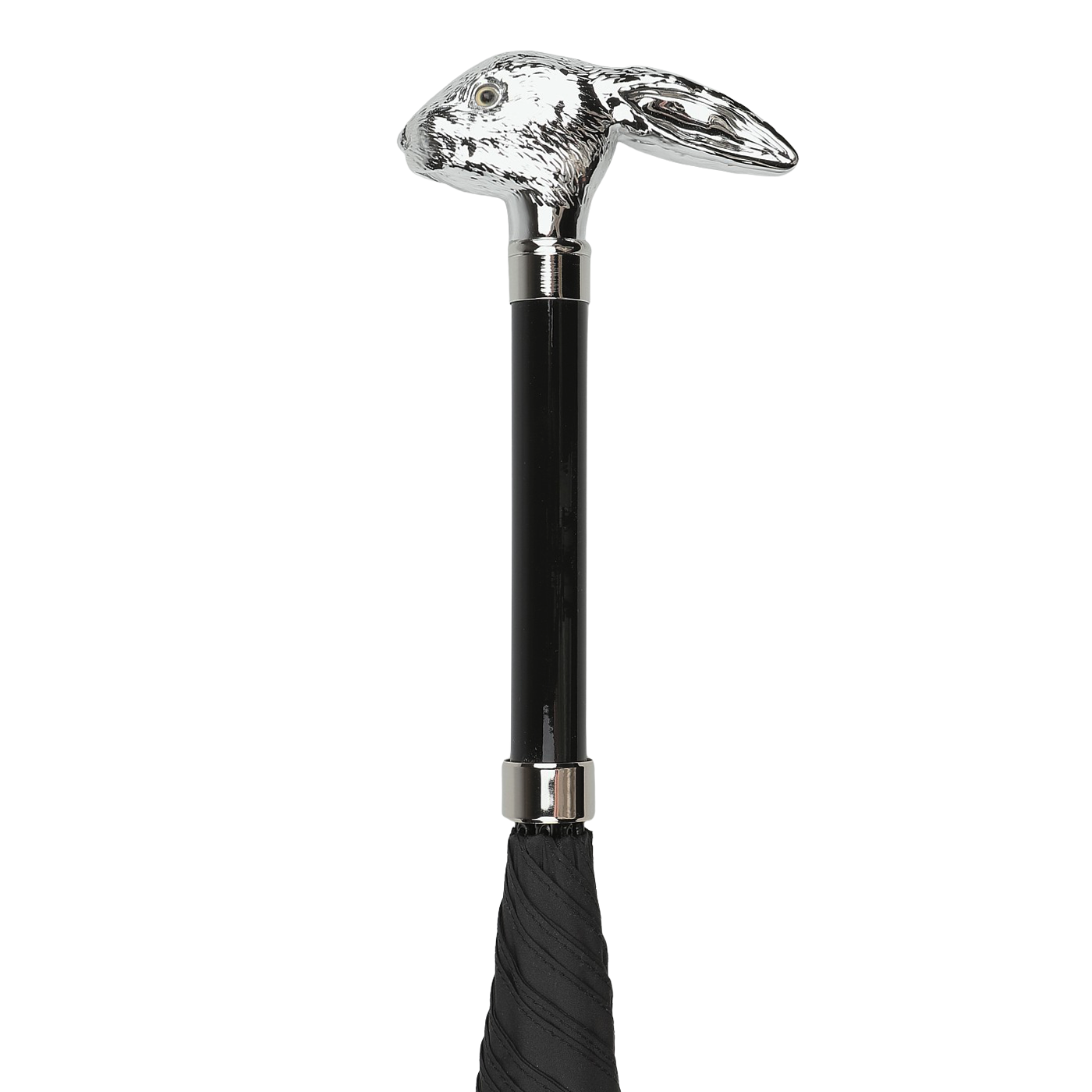 The Fox Umbrellas Black Rabbit Head Handle Umbrella boasts a striking silver rabbit head handle and a sturdy eight-rib metal frame.