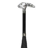 The Fox Umbrellas Black Rabbit Head Handle Umbrella boasts a striking silver rabbit head handle and a sturdy eight-rib metal frame.