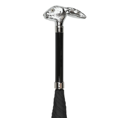 The Fox Umbrellas Black Rabbit Head Handle Umbrella boasts a striking silver rabbit head handle and a sturdy eight-rib metal frame.