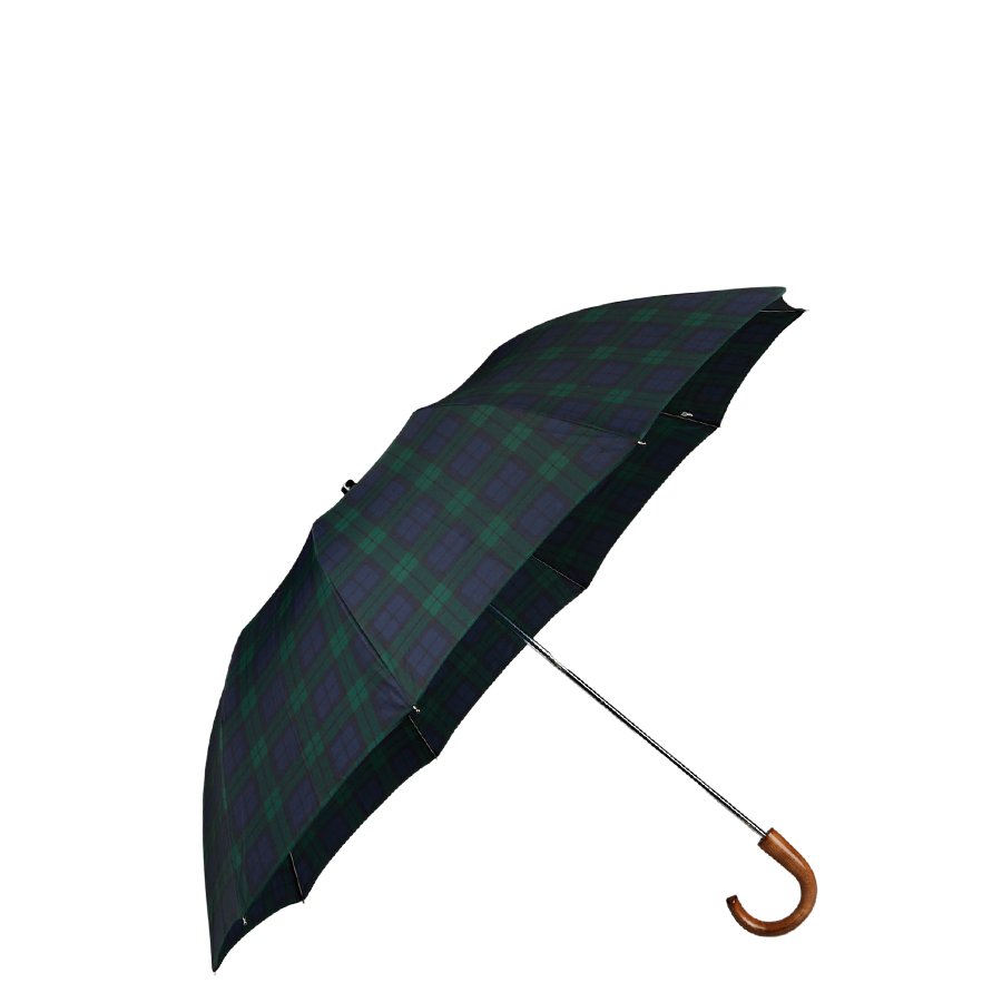 A Black Watch Telescopic Maple Handle Umbrella by Fox Umbrellas with a green and black plaid pattern and a wooden handle.