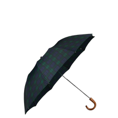 A Black Watch Telescopic Maple Handle Umbrella by Fox Umbrellas with a green and black plaid pattern and a wooden handle.