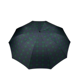 A handmade Black Watch Telescopic Maple Handle Umbrella by Fox Umbrellas on a white background.