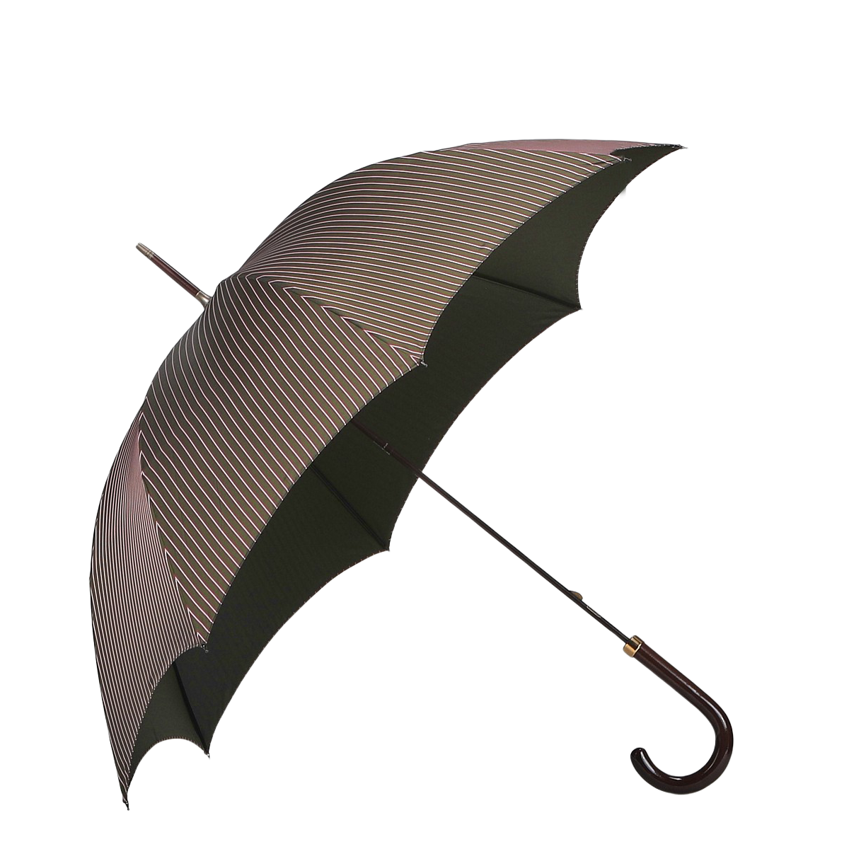 A Green Red Striped Maple Handle Umbrella from Fox Umbrellas is open and resting on the ground against a plain background.