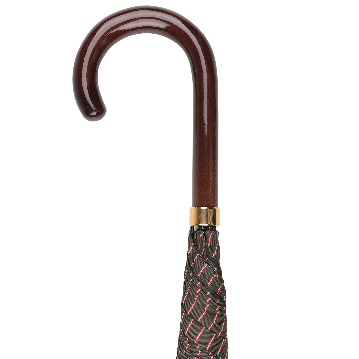 A close-up of the handle of the Fox Umbrellas Green Red Striped Maple Handle Umbrella reveals a polished dark maple handle with a dark wooden hook, complementing the plaid fabric.