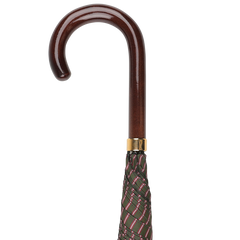 A close-up of the handle of the Fox Umbrellas Green Red Striped Maple Handle Umbrella reveals a polished dark maple handle with a dark wooden hook, complementing the plaid fabric.