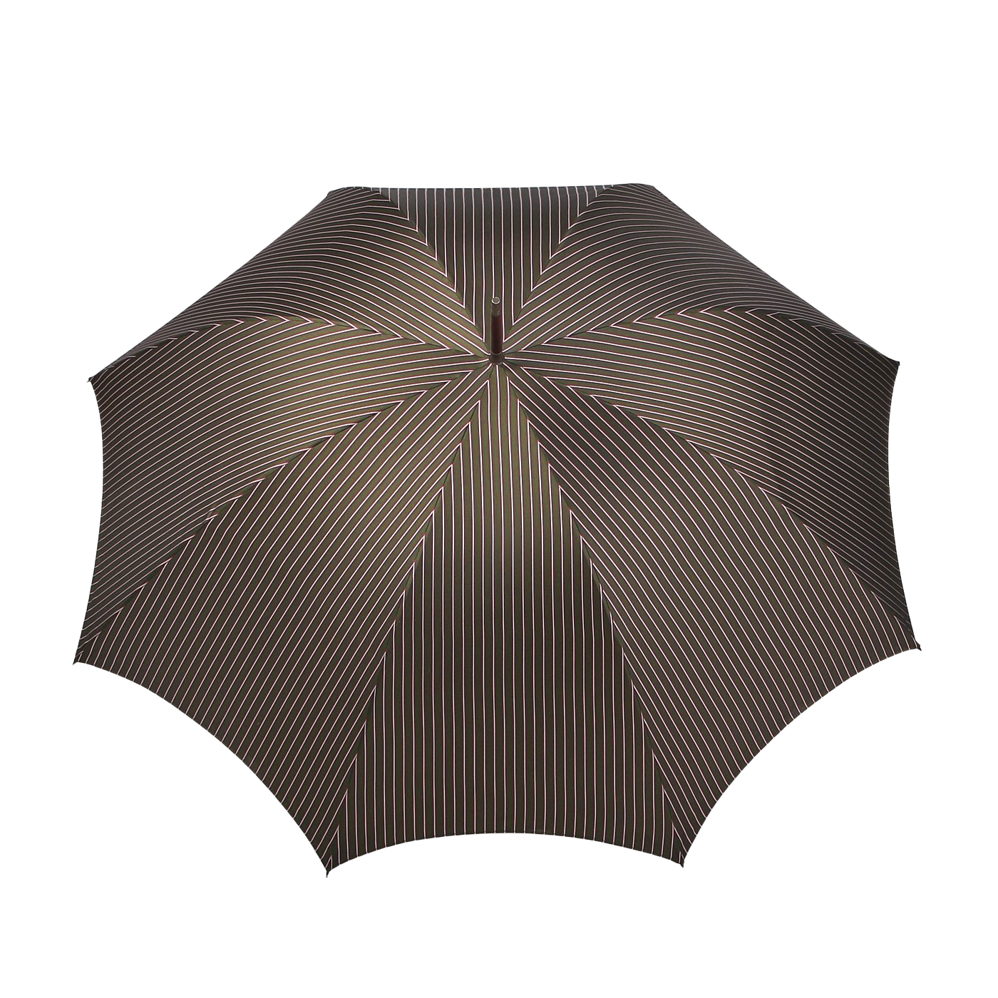 A top view of a fully opened Fox Umbrellas' "Green Red Striped Maple Handle Umbrella," showcasing its handmade design with thin, vertical, multi-colored stripes against a dark background and complemented by a polished dark maple handle.