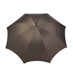 A top view of a fully opened Fox Umbrellas' "Green Red Striped Maple Handle Umbrella," showcasing its handmade design with thin, vertical, multi-colored stripes against a dark background and complemented by a polished dark maple handle.