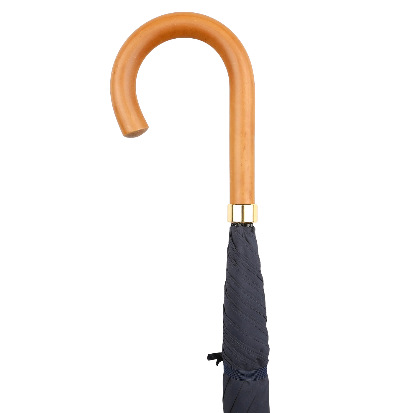 A Fox Umbrellas' navy blue packable umbrella with a Malacca crook handle, accented in gold, handmade in England, set against a white background.