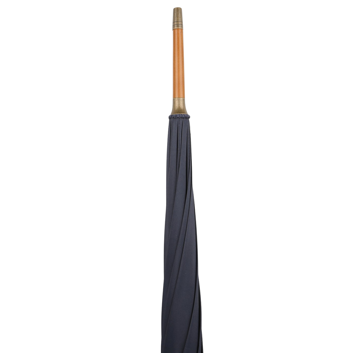 The Fox Umbrellas' Navy Blue Malacca Handle Packable Umbrella, handmade in England, features a sleek navy blue canopy with a crook-handled wooden grip, standing upright against a white background.