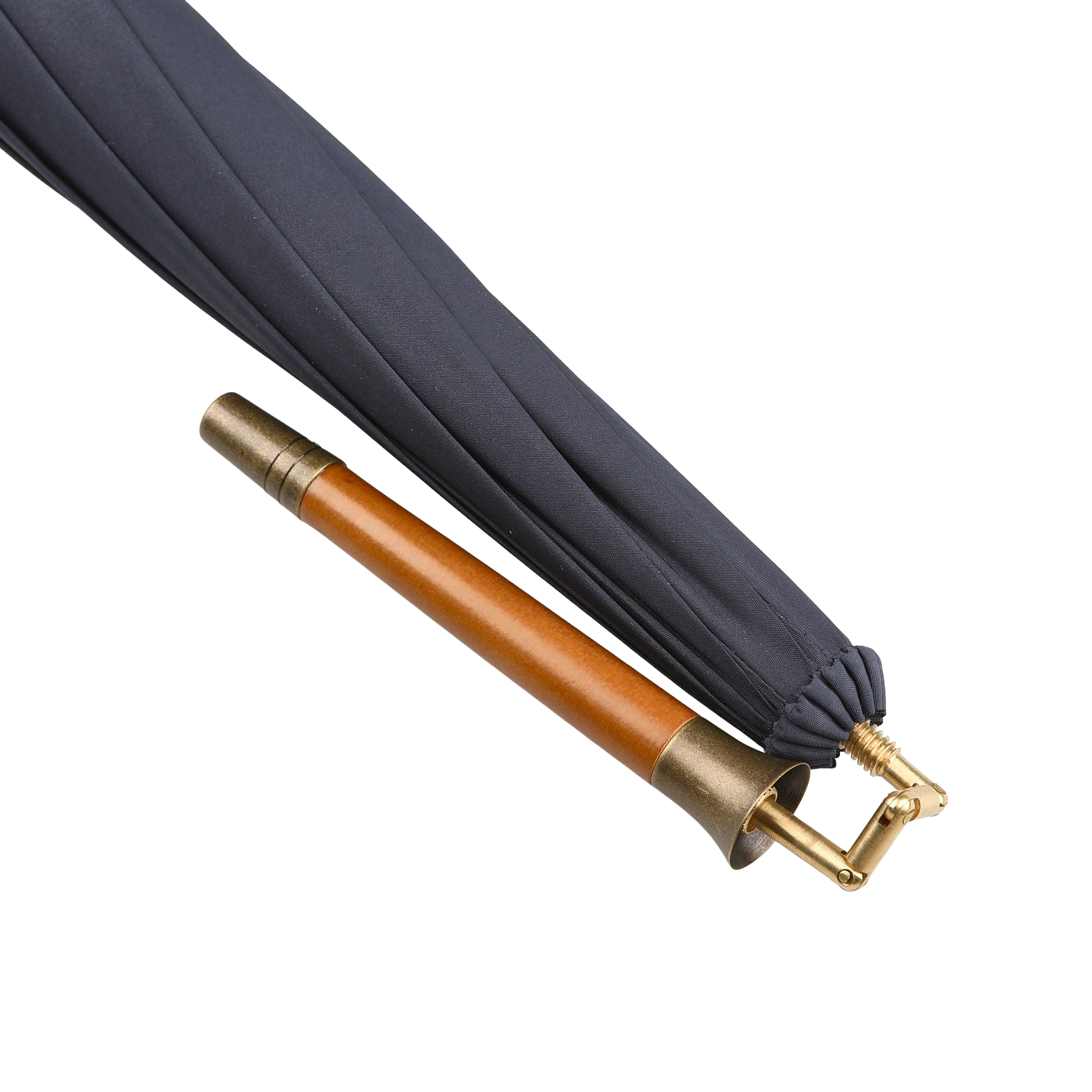 The Fox Umbrellas Navy Blue Malacca Handle Packable Umbrella is handmade in England, featuring a wooden handle with brass accents against a white background.