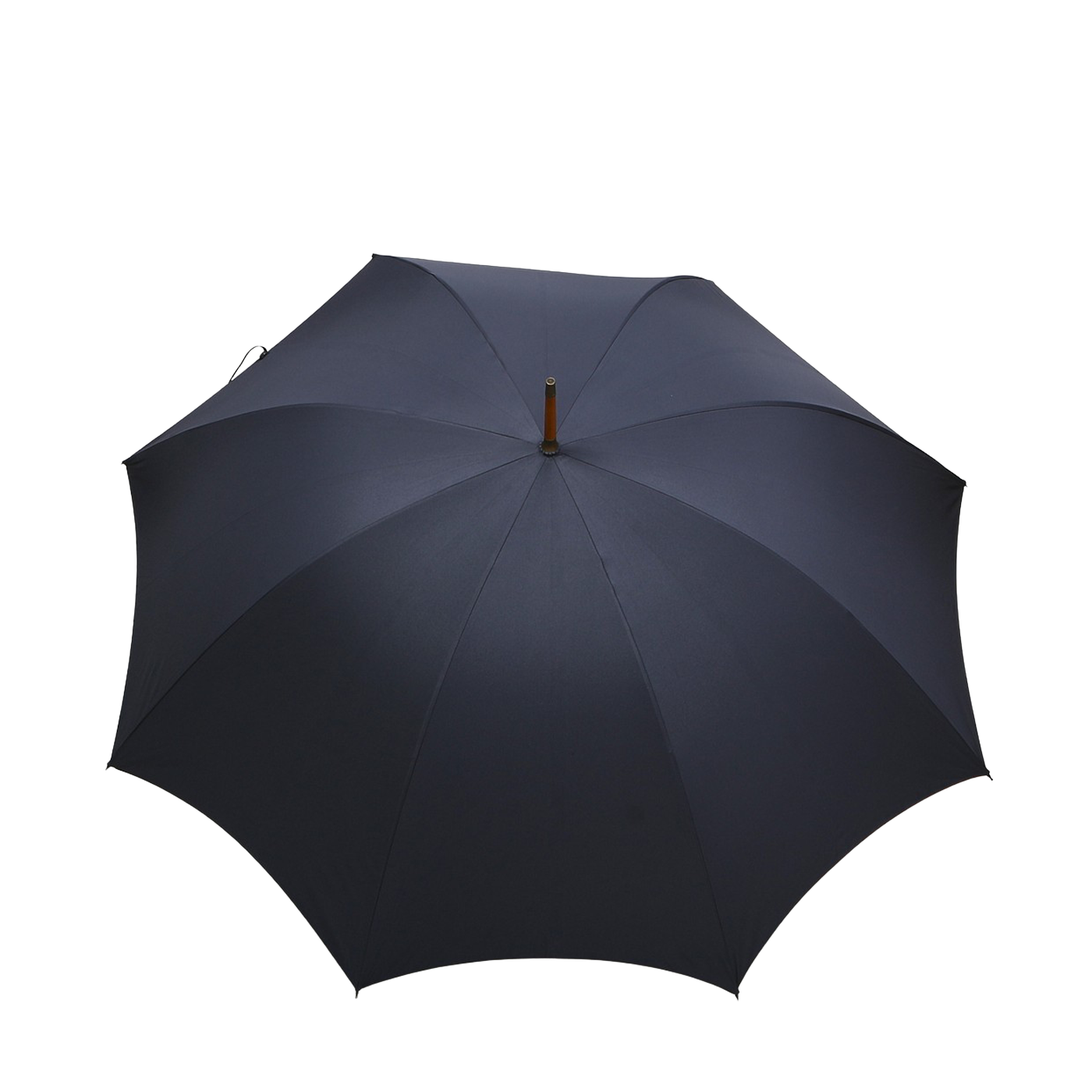 A navy blue Packable Umbrella by Fox Umbrellas, featuring a handmade Malacca crook handle from England, is elegantly displayed open against a plain white background.