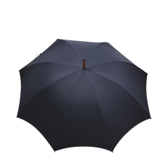 A navy blue Packable Umbrella by Fox Umbrellas, featuring a handmade Malacca crook handle from England, is elegantly displayed open against a plain white background.