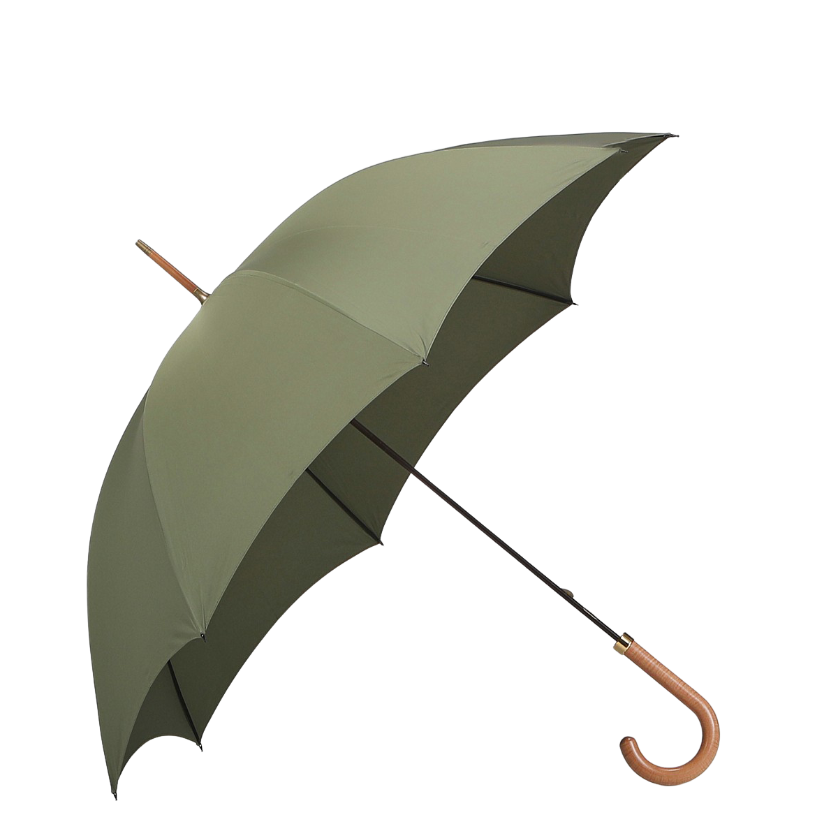 A Fox Umbrellas Olive Green Polished Maple Handle Umbrella is open and positioned against a plain white background.