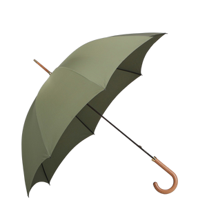 A Fox Umbrellas Olive Green Polished Maple Handle Umbrella is open and positioned against a plain white background.