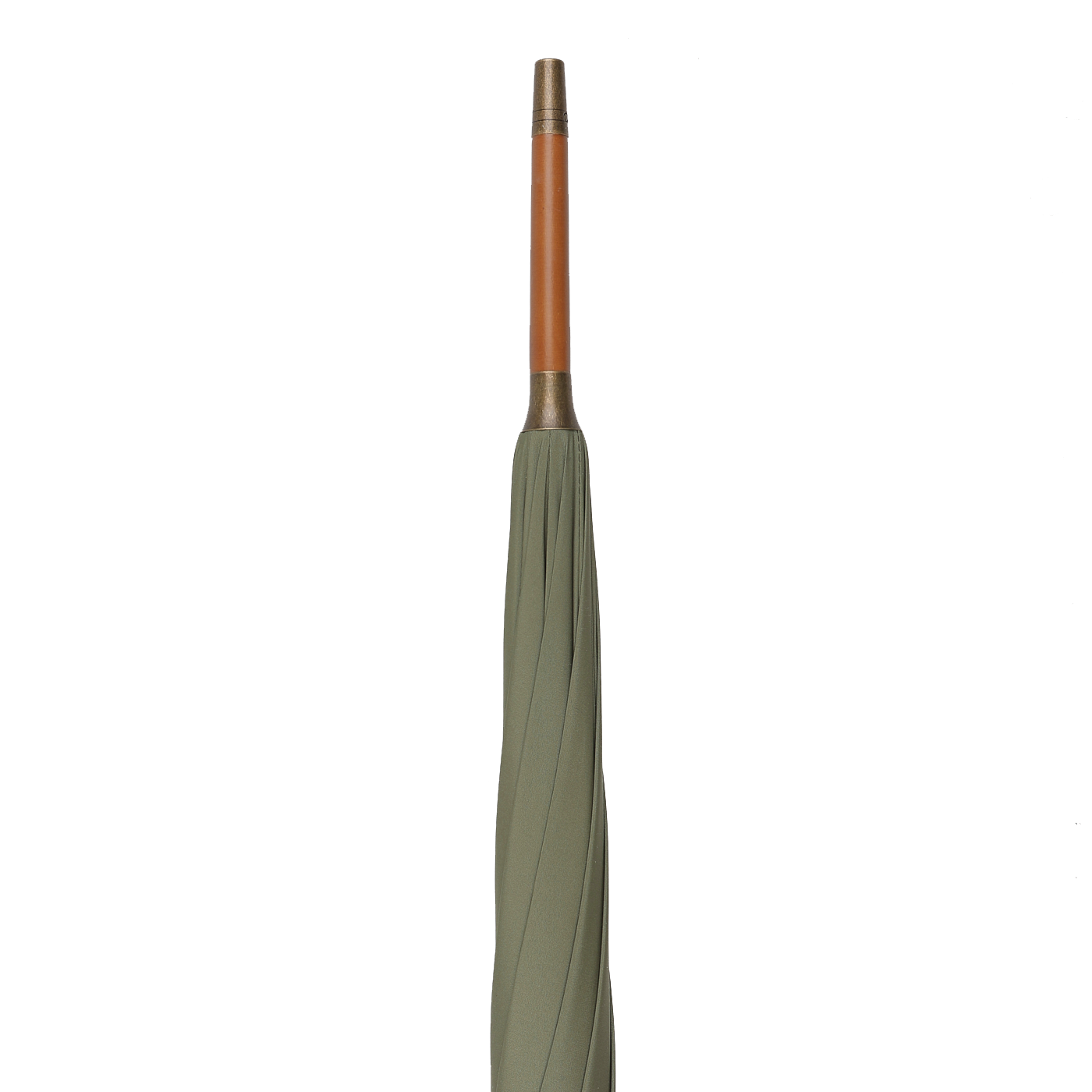 A striking Olive Green Polished Maple Handle Umbrella from Fox Umbrellas, featuring a crook-handle and silver tip, stands upright against a plain white background.