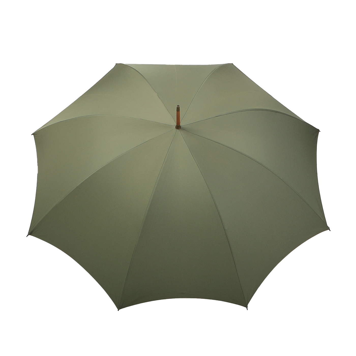 An olive green umbrella with a polished maple handle from Fox Umbrellas, featuring a wide canopy and crook-handle, photographed against a plain white background.