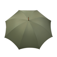 An olive green umbrella with a polished maple handle from Fox Umbrellas, featuring a wide canopy and crook-handle, photographed against a plain white background.