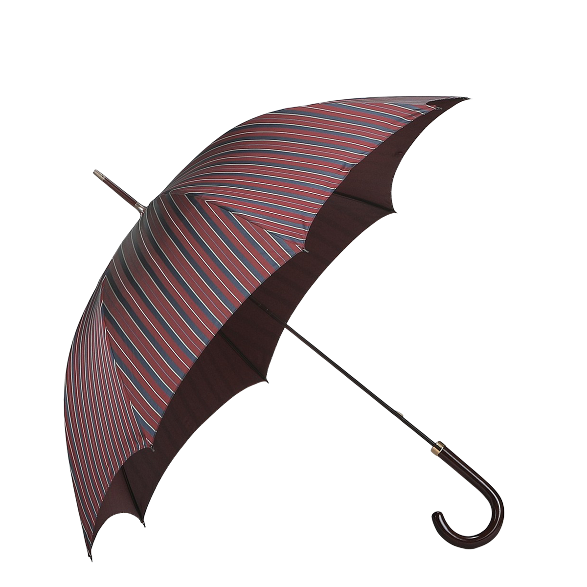 The Fox Umbrellas Red Blue Striped Maple Handle Umbrella, showcasing red, blue, and green diagonal patterns, features a crook handle made of elegantly curved wood. It stands open against a light gray background.