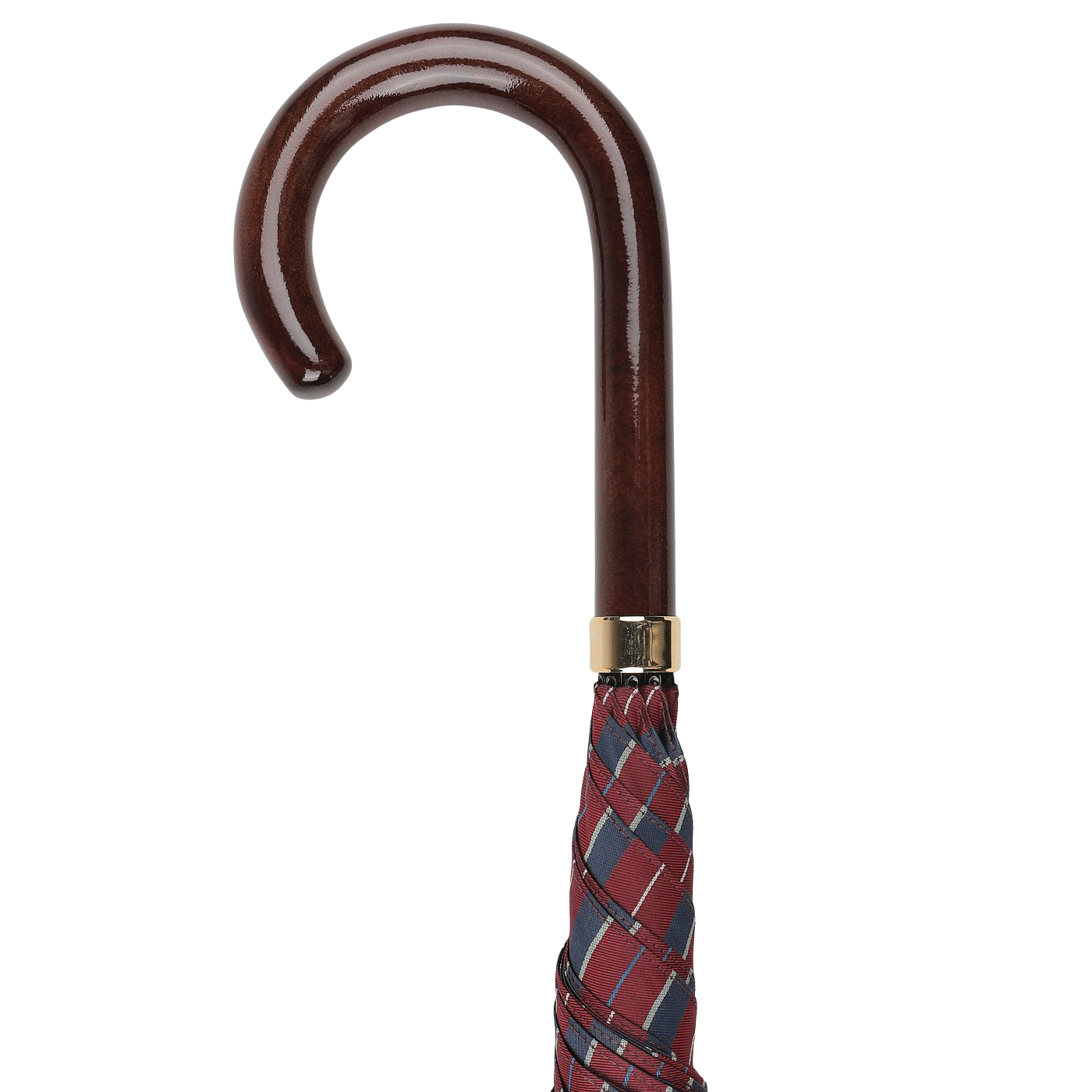 A handmade Fox Umbrellas creation, the Red Blue Striped Maple Handle Umbrella features a wooden crook handle and a burgundy and blue checkered fabric, rolled and closed.