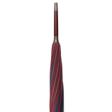 A Red Blue Striped Maple Handle Umbrella by Fox Umbrellas, made by hand, positioned vertically with a closed canopy and a straight handle.