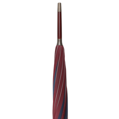 A Red Blue Striped Maple Handle Umbrella by Fox Umbrellas, made by hand, positioned vertically with a closed canopy and a straight handle.