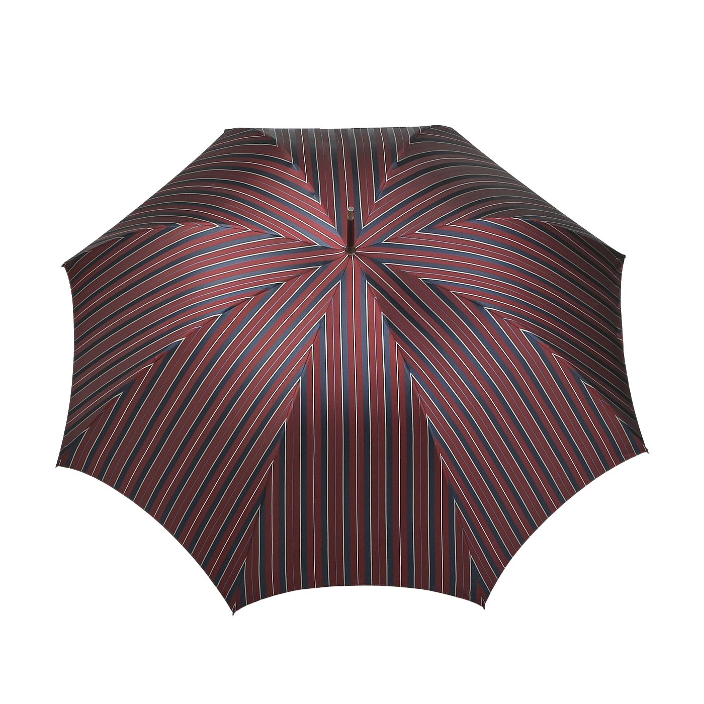 A top view of the Red Blue Striped Maple Handle Umbrella by Fox Umbrellas showcases a pattern of red, blue, and white stripes forming concentric shapes.