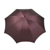 A top view of the Red Blue Striped Maple Handle Umbrella by Fox Umbrellas showcases a pattern of red, blue, and white stripes forming concentric shapes.