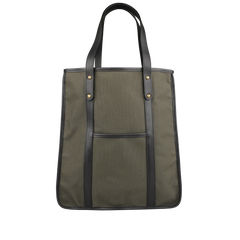 The "Army Green Canvas Tumbled Leather Market Tote Bag" by Frank Clegg features a green canvas body with black leather trimmings, a front pocket, and metal rivets for support.