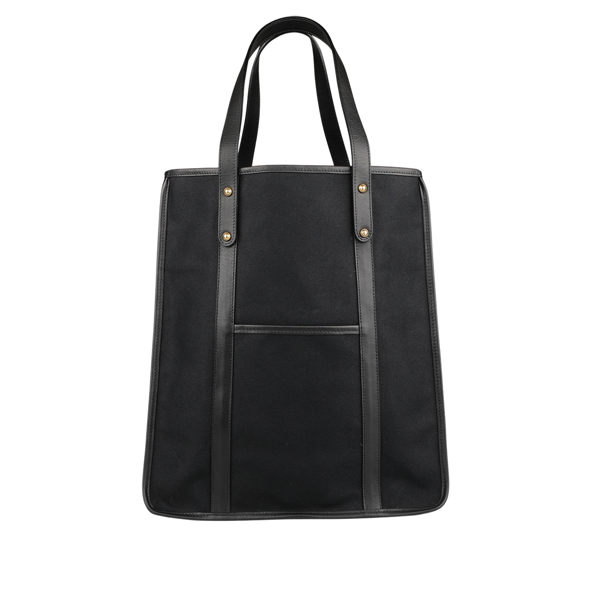 The Frank Clegg Black Canvas Tumbled Leather Market Tote Bag features durable handles, a convenient front pocket, and elegant leather trimmings, all crafted from premium black cotton canvas.