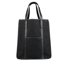 The Frank Clegg Black Canvas Tumbled Leather Market Tote Bag features durable handles, a convenient front pocket, and elegant leather trimmings, all crafted from premium black cotton canvas.