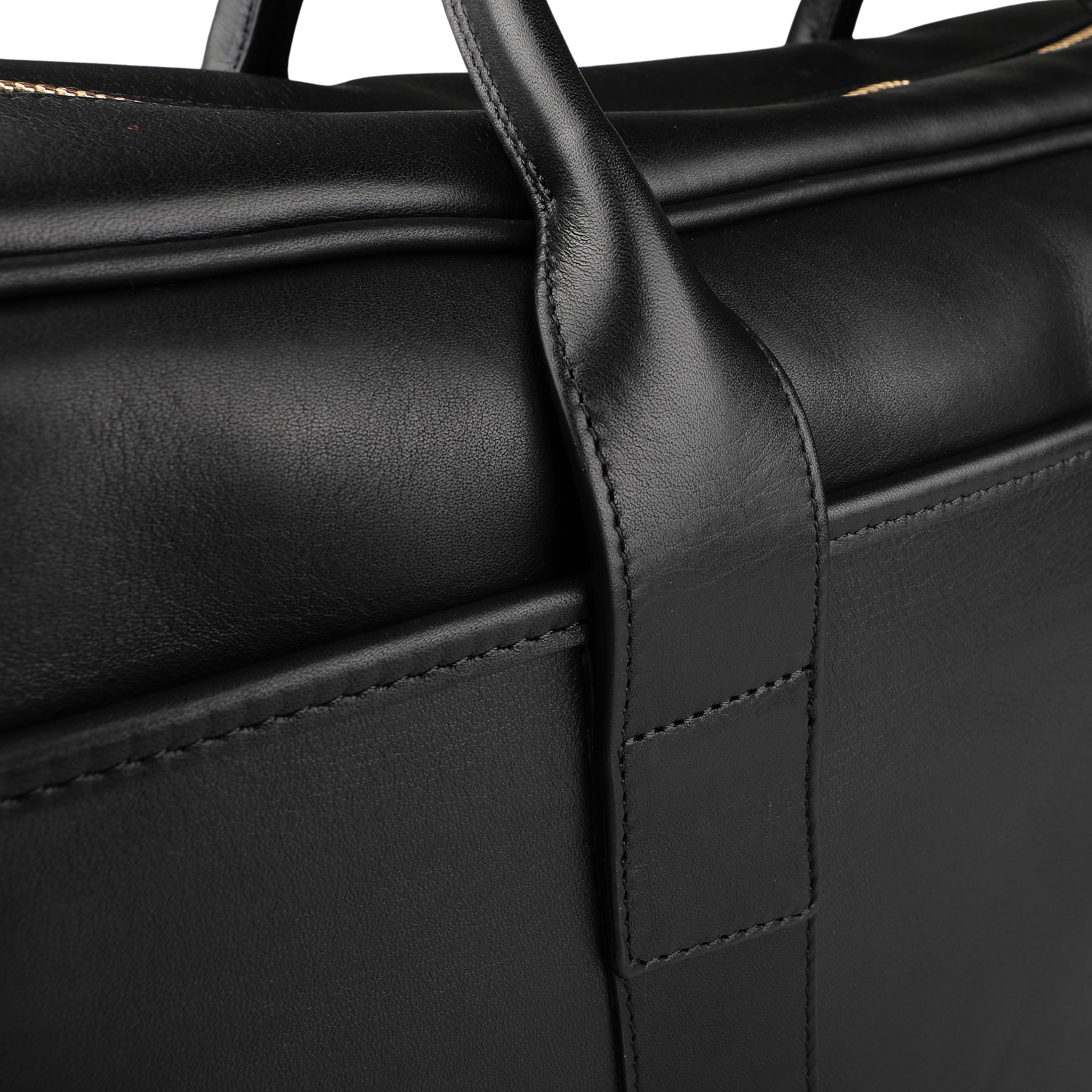 Close-up of the Frank Clegg Black Tumbled Leather Commuter Briefcase, crafted with visible stitching and a sturdy handle.