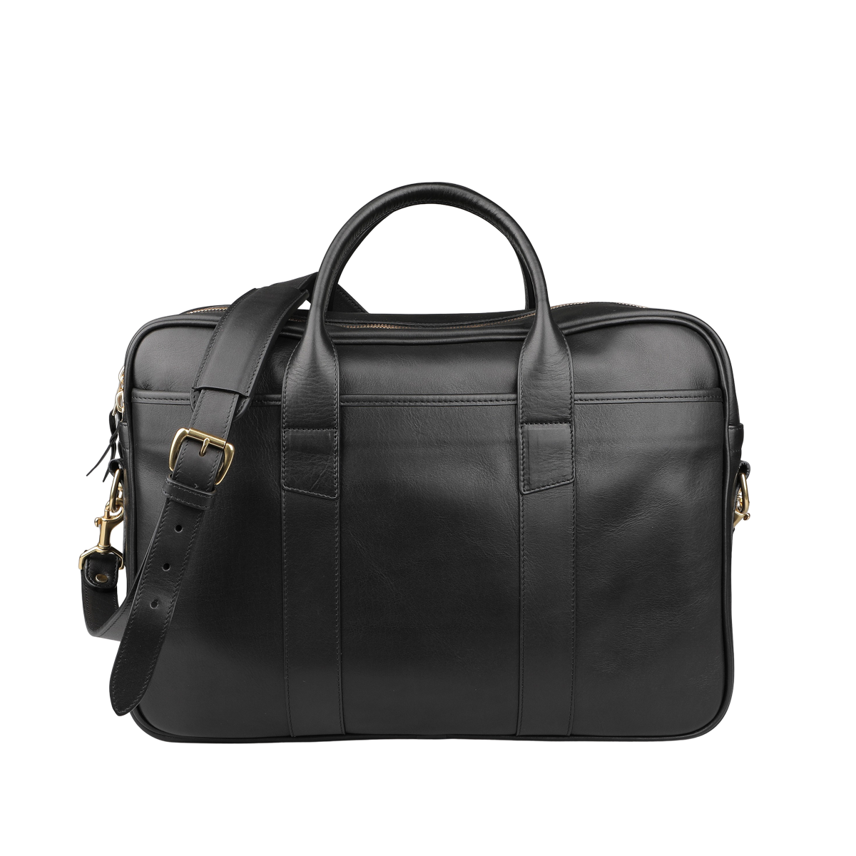 The Frank Clegg Black Tumbled Leather Commuter Briefcase, designed to fit a 15" laptop, is showcased against a plain background. It boasts two sturdy handles and an adjustable shoulder strap for versatile carrying.