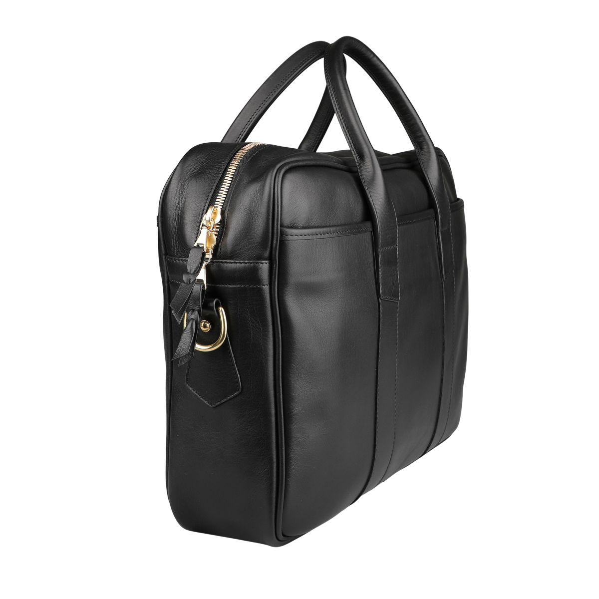 The Frank Clegg Black Tumbled Leather Commuter Briefcase, elegantly crafted with a gold zipper and dual handles, accommodates a 15″ laptop. It stands sleekly against a white background with effortless elegance.