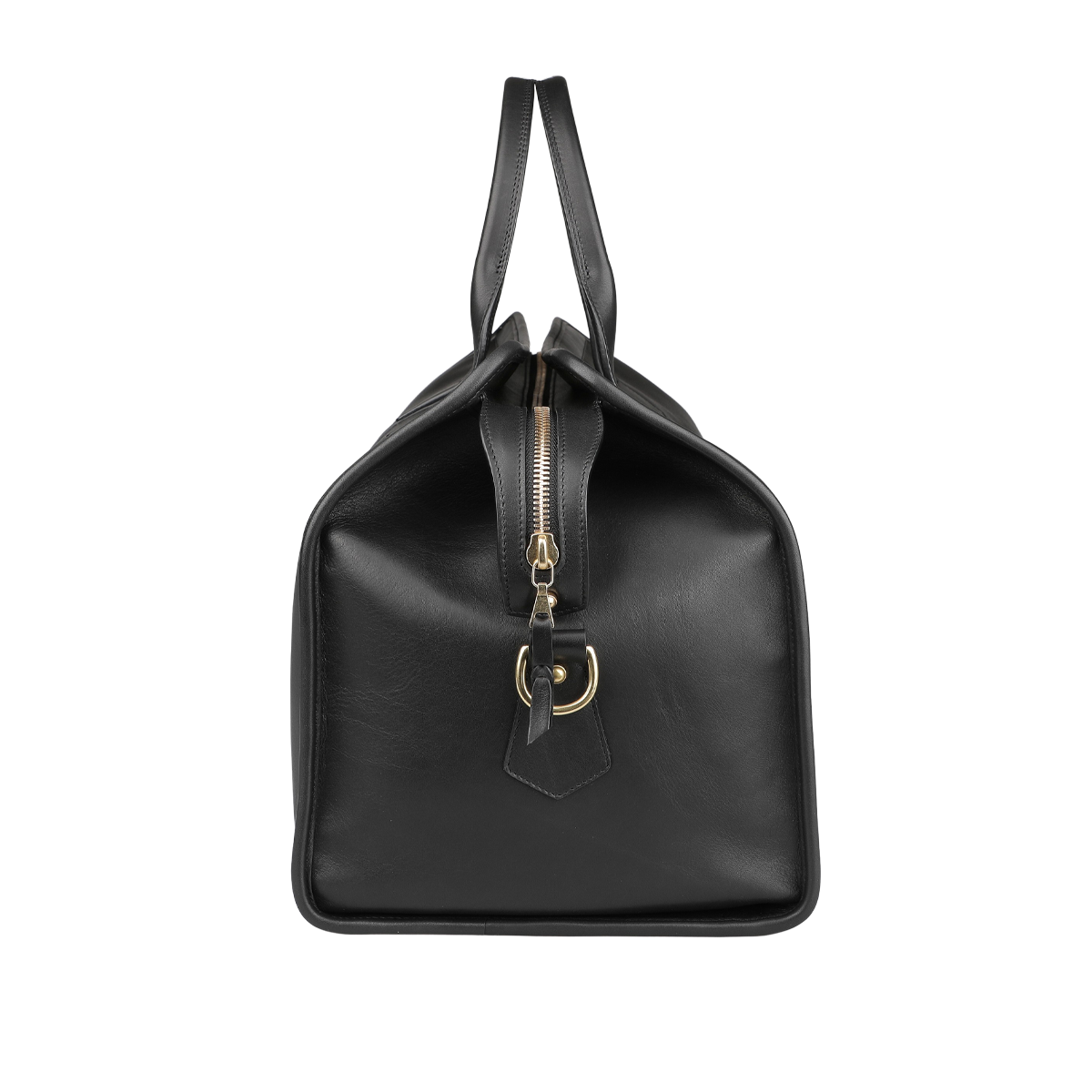 Side view of the Frank Clegg Black Tumbled Leather Signature Duffle, featuring a gold zipper, hardware, and two handles.