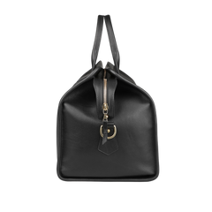 Side view of the Frank Clegg Black Tumbled Leather Signature Duffle, featuring a gold zipper, hardware, and two handles.