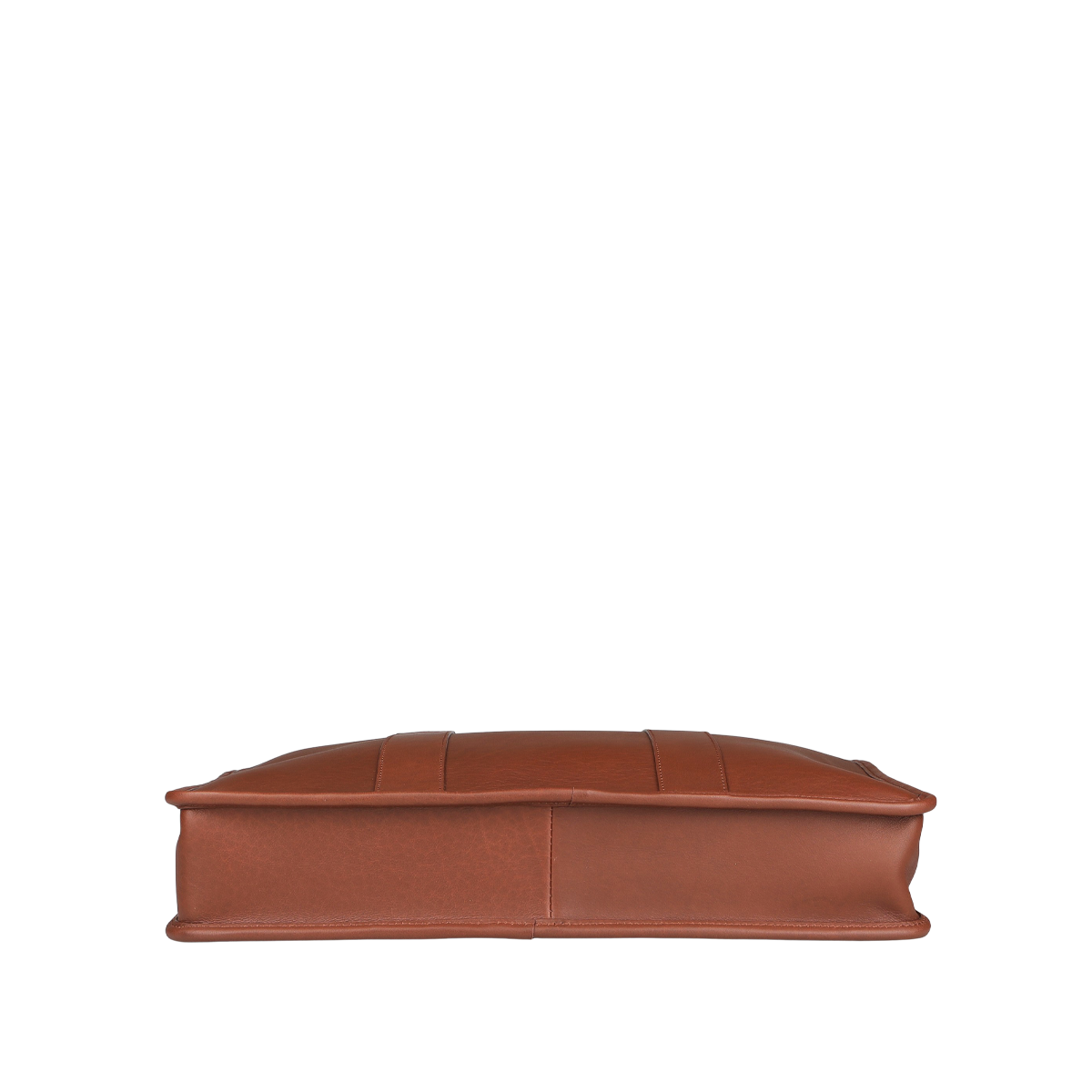 A side view of the Frank Clegg Chestnut Tumbled Bound Edge Leather Zip Top Briefcase showcases its rectangular shape, reminiscent of a leather cushion perfect for a 15” laptop.