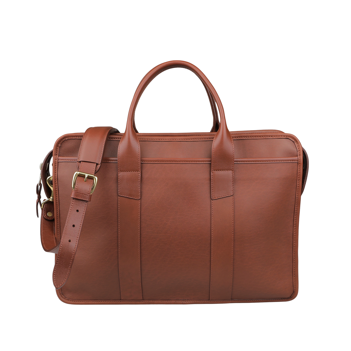 The Frank Clegg Chestnut Tumbled Bound Edge Leather Zip Top Briefcase accommodates a 15" laptop, featuring handles, an adjustable shoulder strap, and brass hardware.