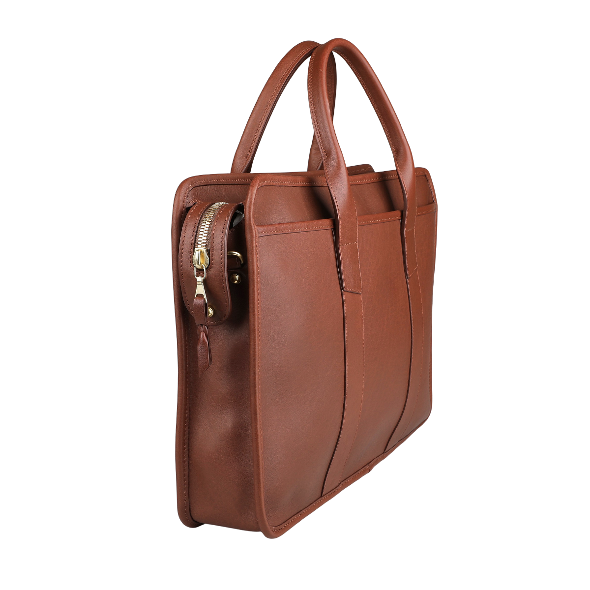 The Chestnut Tumbled Bound Edge Leather Zip Top Briefcase by Frank Clegg features two handles and a side zipper pocket, designed to accommodate a 15” laptop and displayed at an angle.