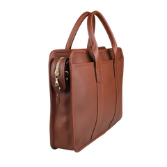 The Chestnut Tumbled Bound Edge Leather Zip Top Briefcase by Frank Clegg features two handles and a side zipper pocket, designed to accommodate a 15” laptop and displayed at an angle.