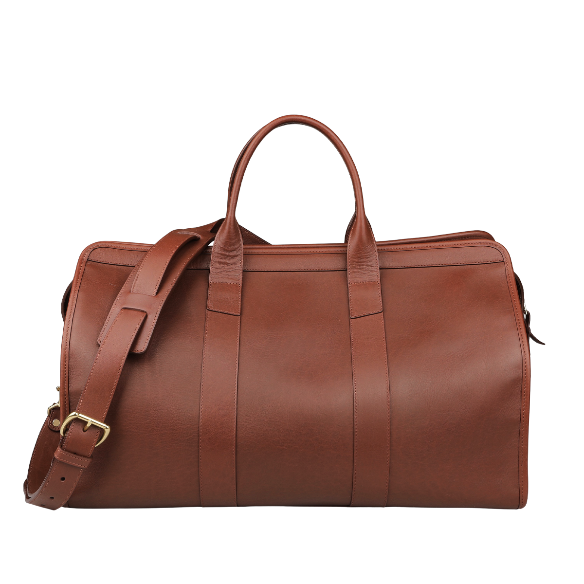 The Frank Clegg Chestnut Tumbled Leather Signature Travel Duffle boasts double handles and an adjustable strap, perfect for those seeking handcrafted quality against a neutral backdrop.