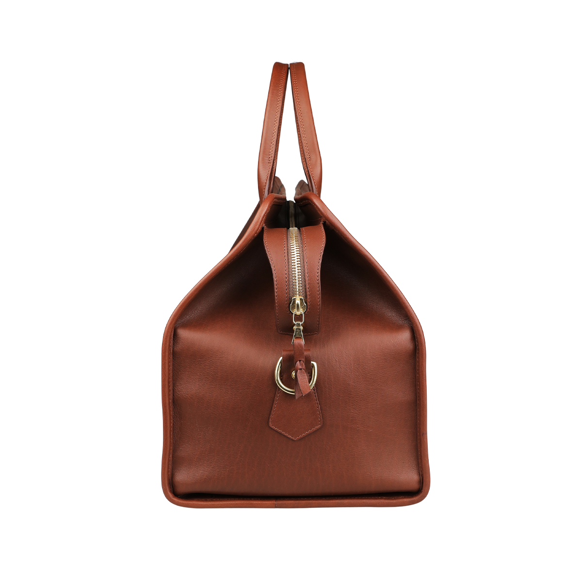 Side view of the Frank Clegg Chestnut Tumbled Leather Signature Travel Duffle with a top zipper and gold buckle, highlighting its hand-crafted quality.