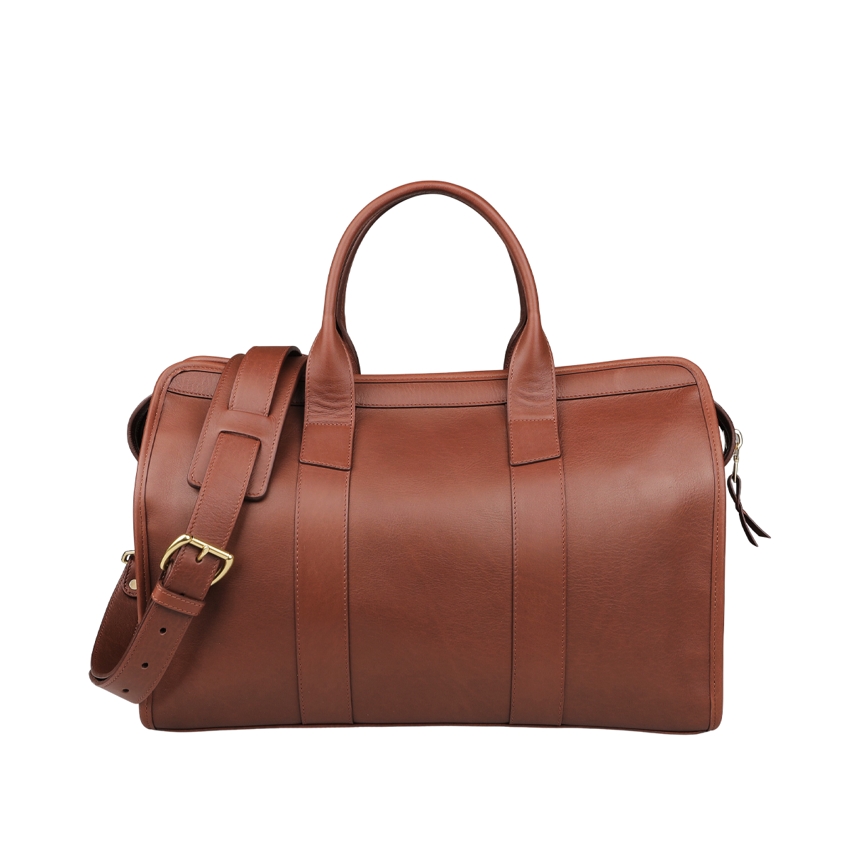 Frank Clegg's Chestnut Tumbled Leather Small Travel Duffle features a shoulder strap and top handles, perfect for weekend getaways, set against a plain background.