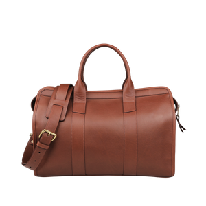 Frank Clegg's Chestnut Tumbled Leather Small Travel Duffle features a shoulder strap and top handles, perfect for weekend getaways, set against a plain background.