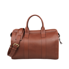 Frank Clegg's Chestnut Tumbled Leather Small Travel Duffle features a shoulder strap and top handles, perfect for weekend getaways, set against a plain background.