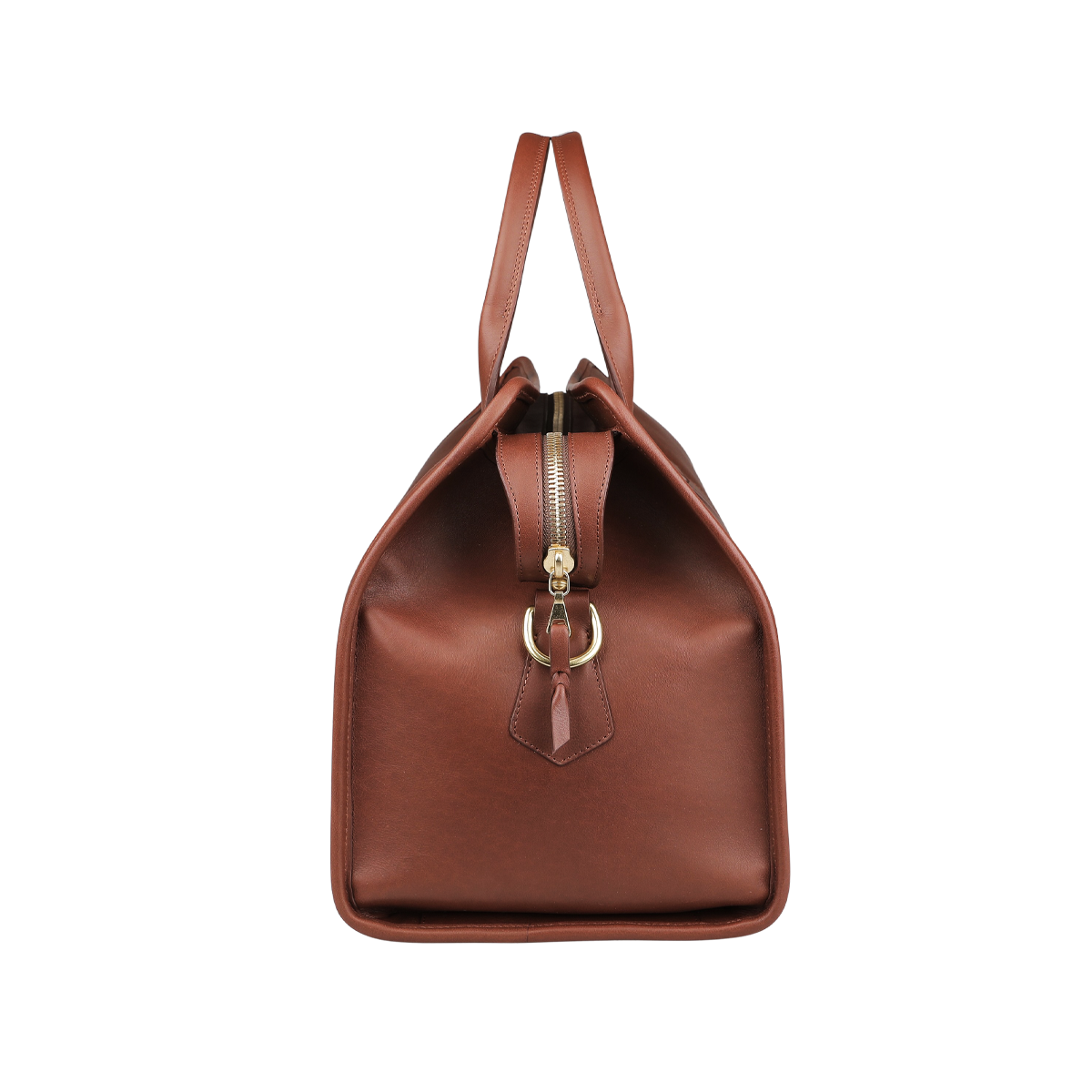 Side view of Frank Clegg's Chestnut Tumbled Leather Small Travel Duffle, showcasing sturdy handles and a gleaming gold zipper.