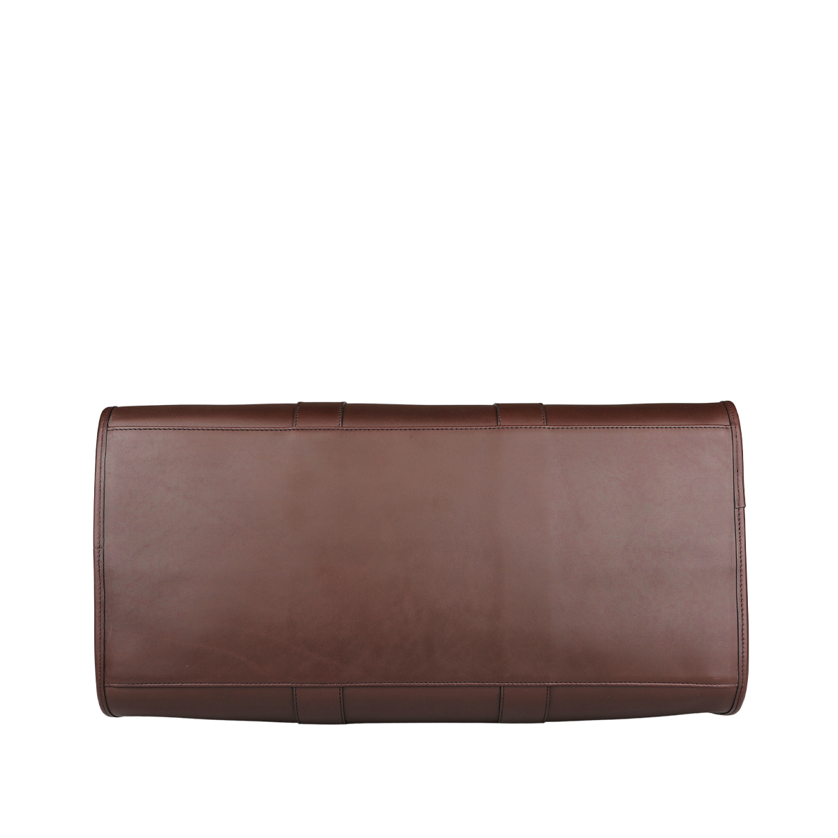 This is a bottom view of the Chocolate Harness Belting Leather Signature Duffle by Frank Clegg, a rectangular brown leather bag crafted from harness belting leather.